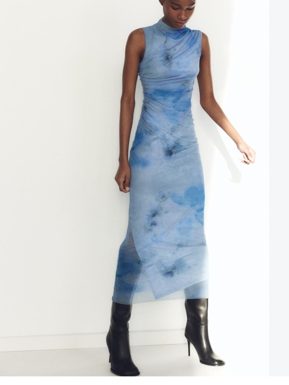 ZARA Blue Tie Dye Ruched High Neck Sleeveless Maxi Dress Size L